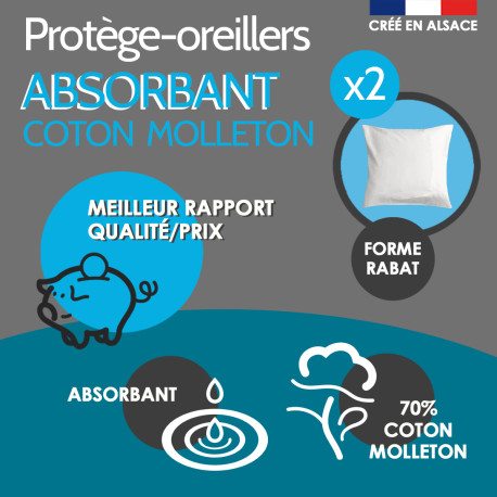 Lot de 2 Protège Oreiller Coton Molleton Lot de 2 Protège Oreiller Coton Molleton