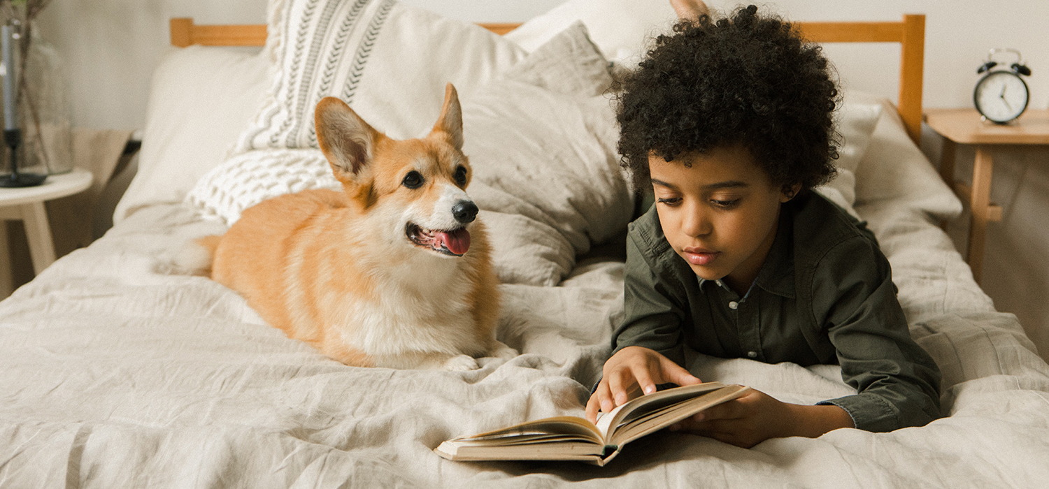Enfant qui lit sur un lit avec son chien 